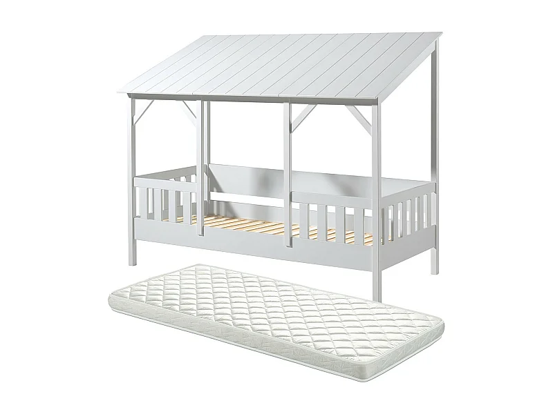 LAKA - Lit Maison 90x200cm Blanc + Sommier + Matelas