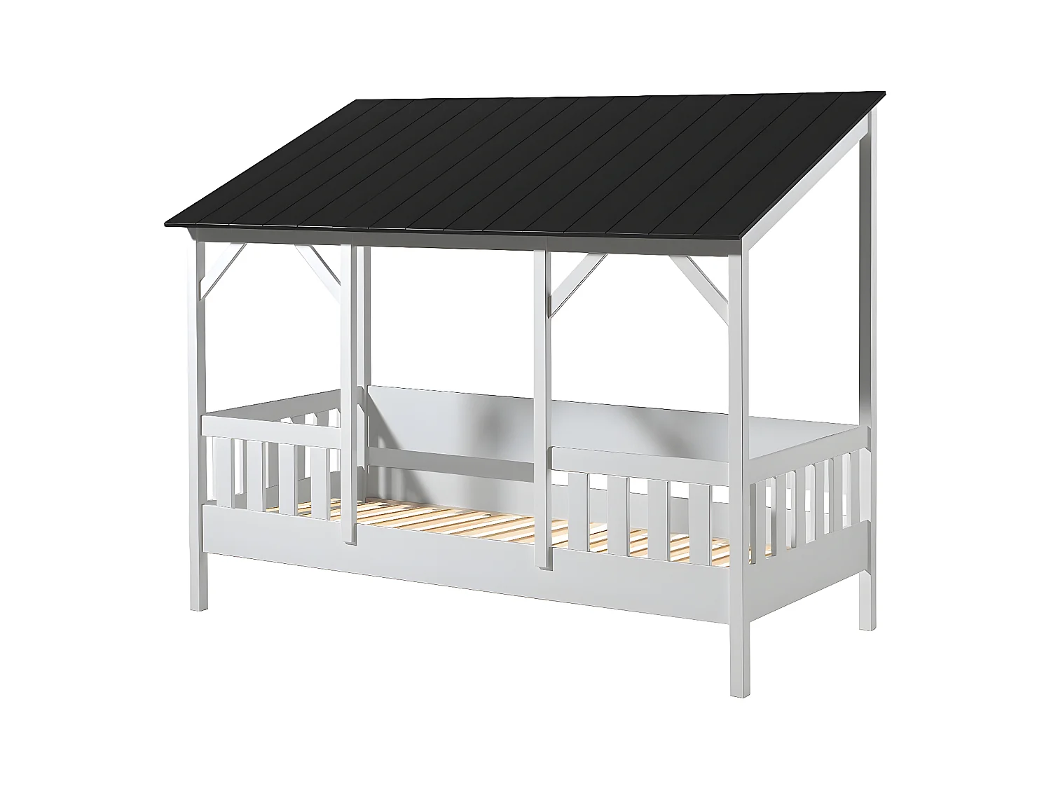 LAKA - Lit Maison 90x200cm Blanc et Noir avec Sommier