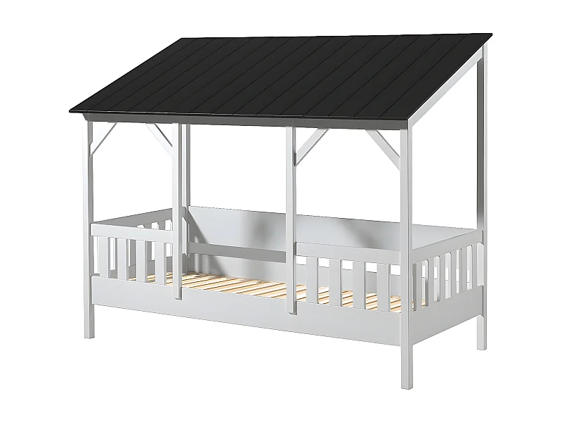 LAKA - Lit Maison 90x200cm Blanc et Noir avec Sommier