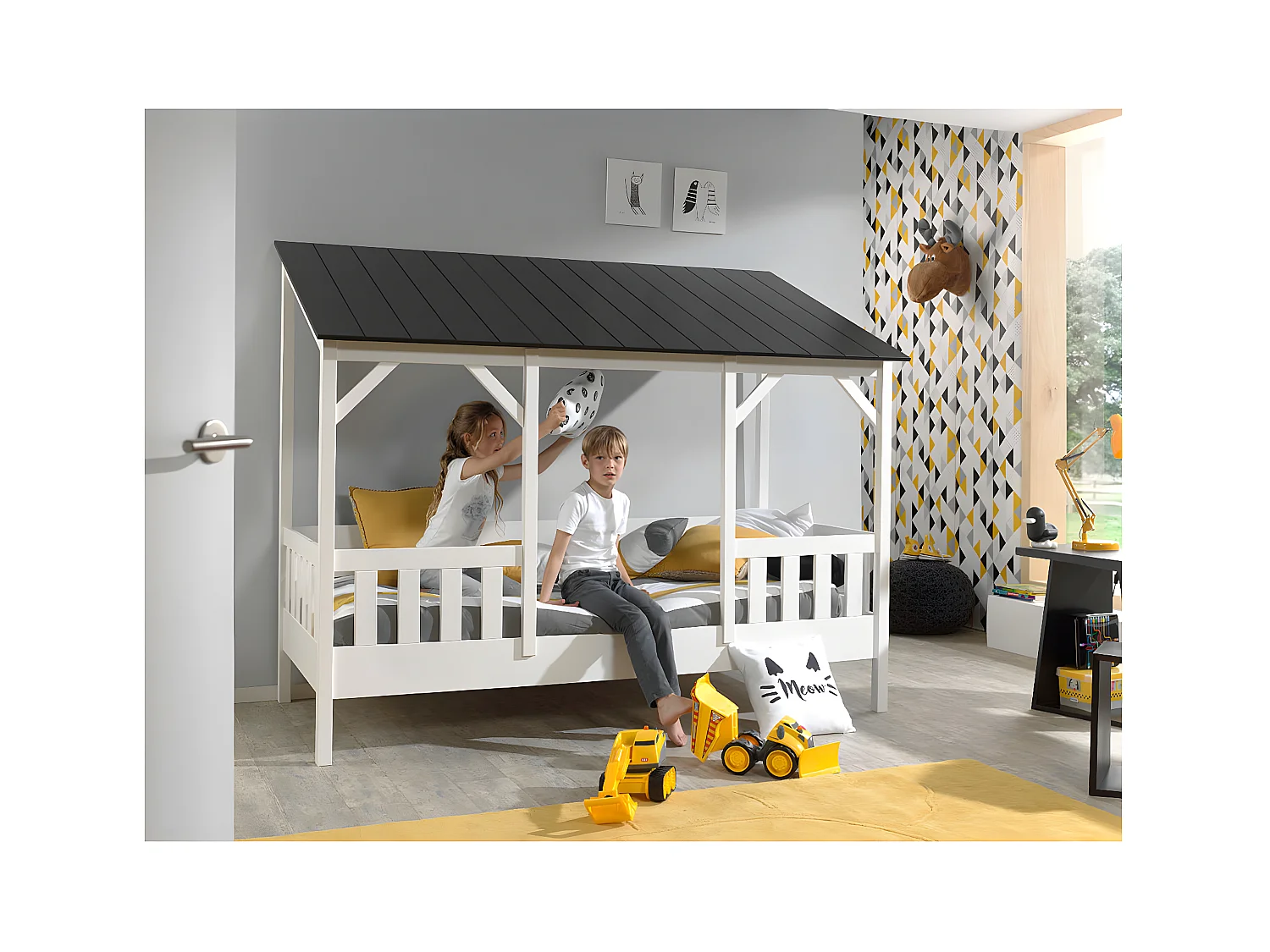 LAKA - Lit Maison 90x200cm Blanc et Noir Style Porche