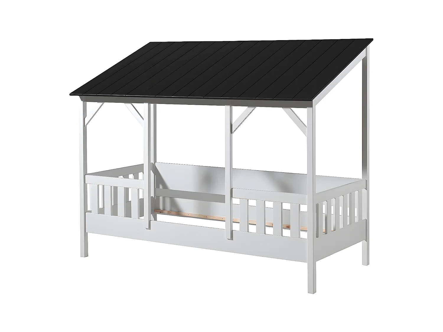 LAKA - Lit Maison 90x200cm Blanc et Noir Style Porche
