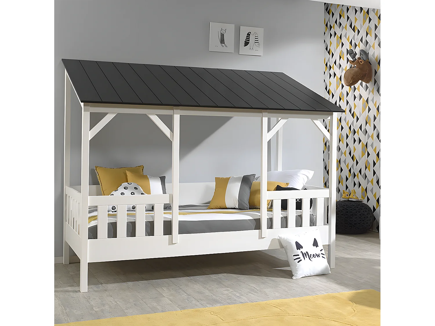 LAKA - Lit Maison 90x200cm Blanc et Noir Style Porche