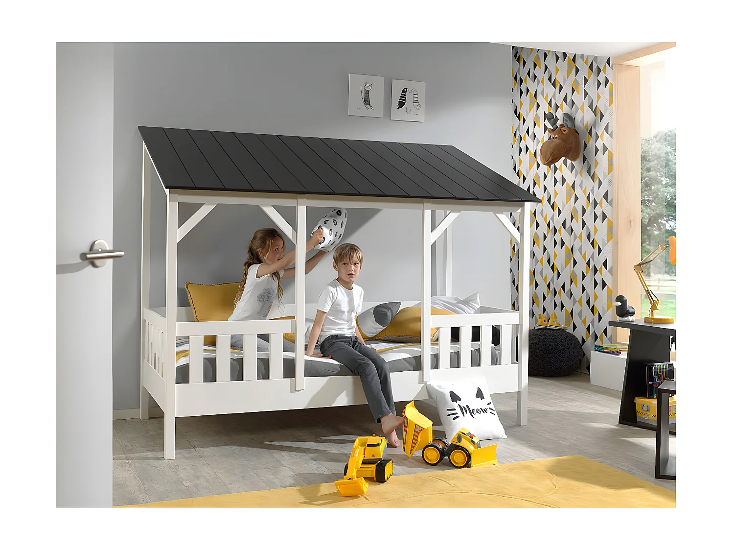 LAKA - Lit Maison 90x200cm Blanc et Noir Style Porche