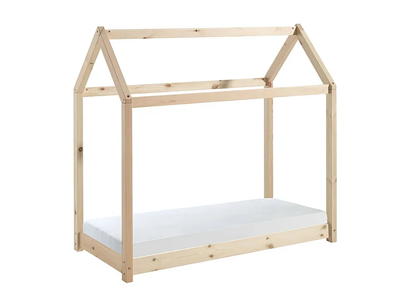 PEGA - Lit Cabane 70x140cm en Pin Naturel + Matelas