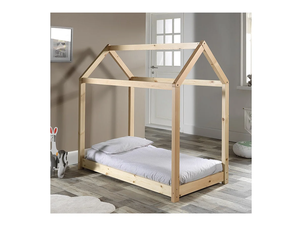 PEGA - Lit Cabane 70x140cm en Pin Naturel + Matelas