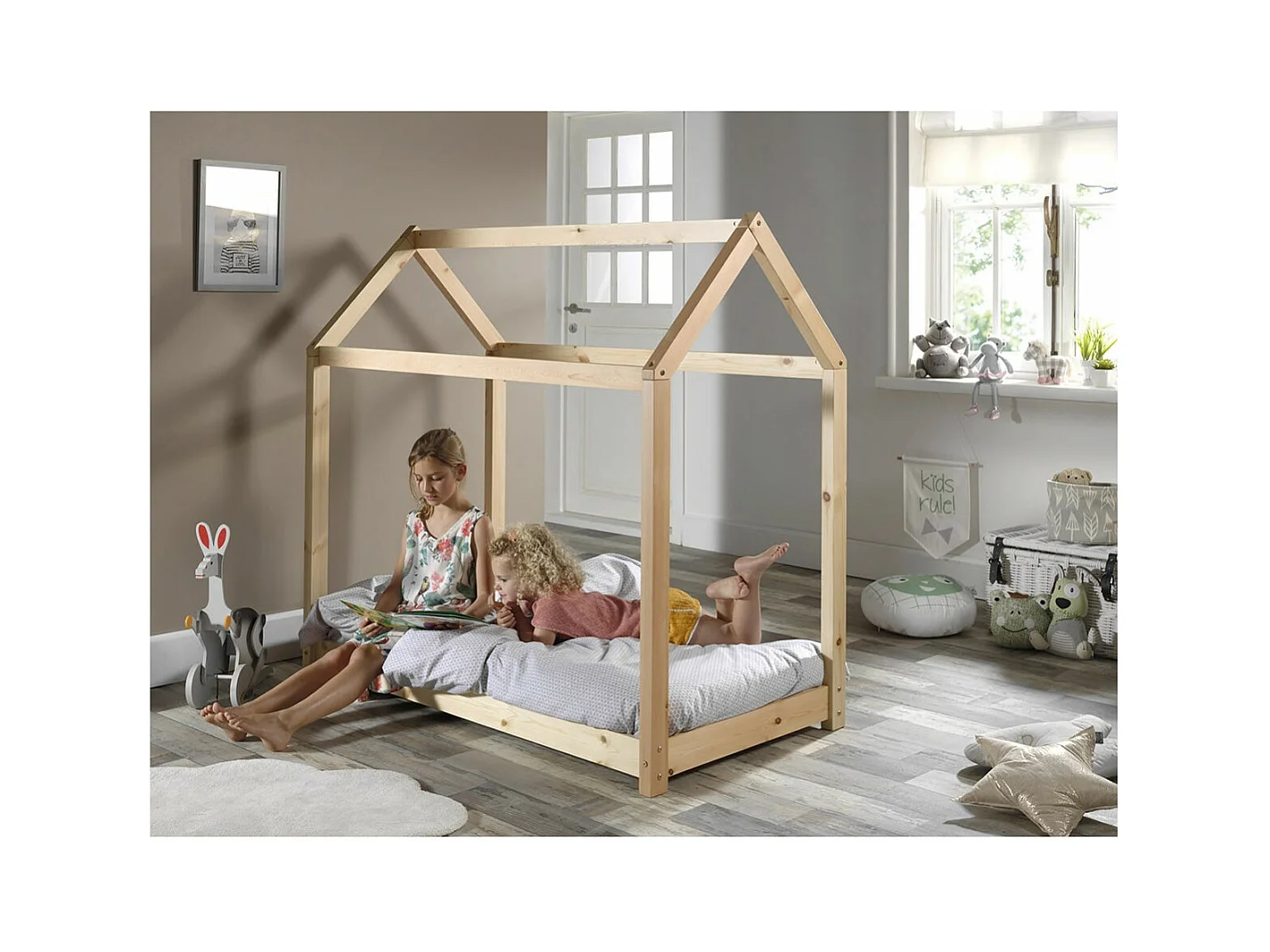 PEGA - Lit Cabane 70x140cm en Pin Naturel + Matelas