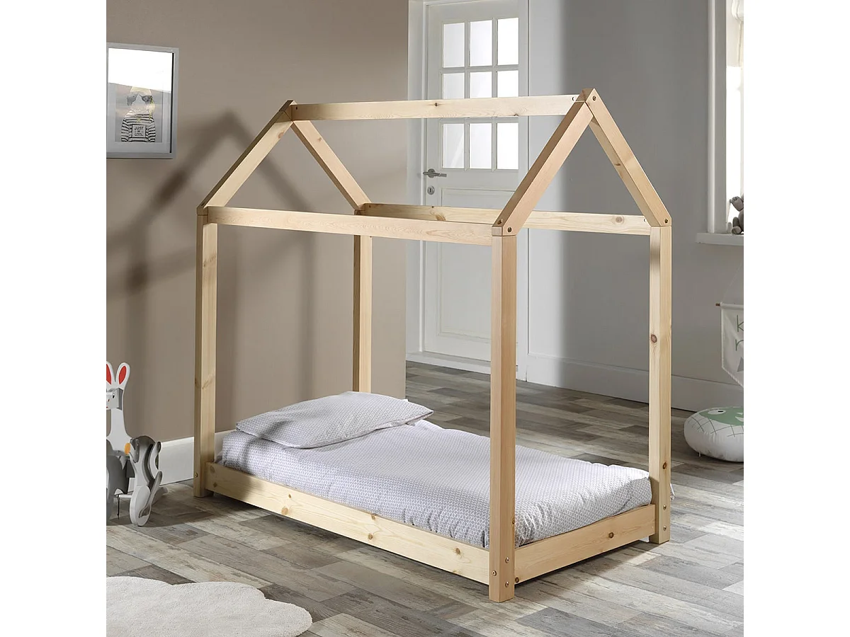PEGA - Lit Cabane 70x140cm en Pin Naturel + Matelas