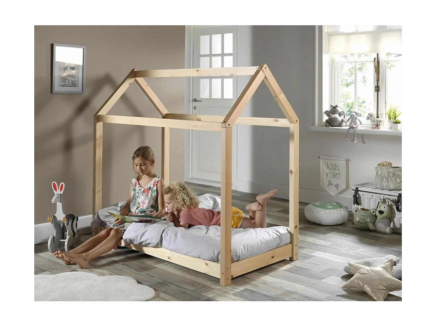 PEGA - Lit Cabane 70x140cm en Pin Naturel + Matelas