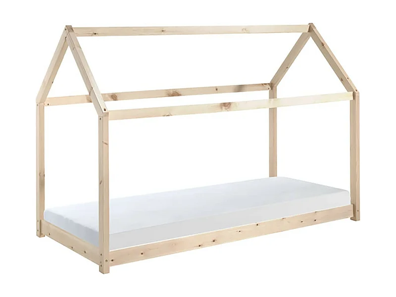 PEGA - Lit Cabane 90x200cm en Pin Naturel + Matelas