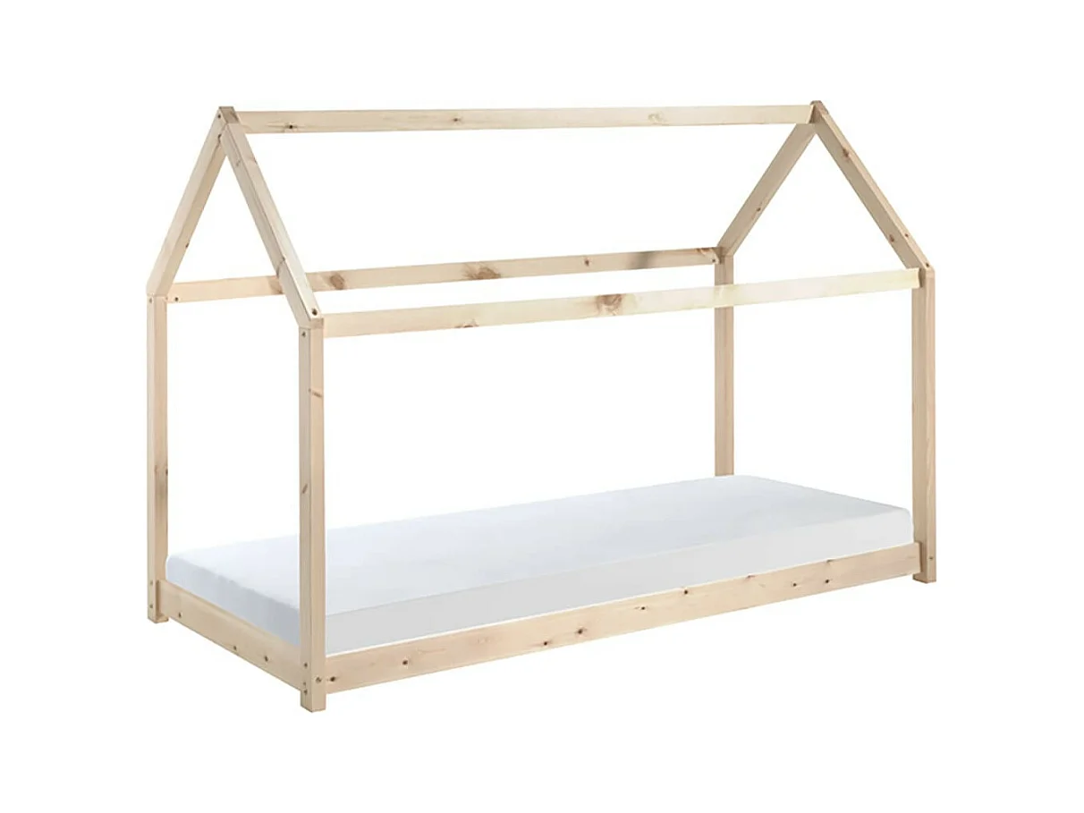 PEGA - Lit Cabane 90x200cm en Pin Naturel + Matelas