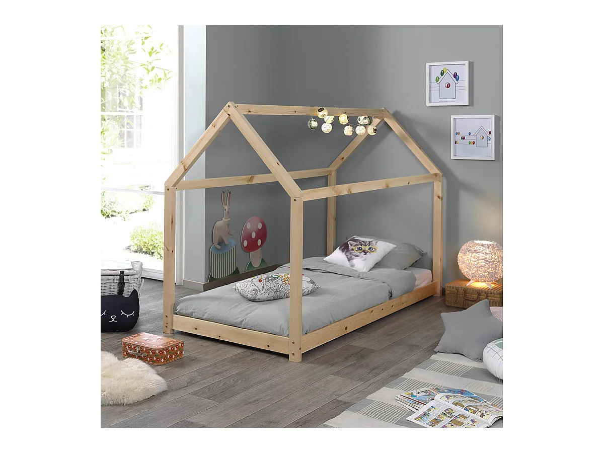 PEGA - Lit Cabane 90x200cm en Pin Naturel + Matelas