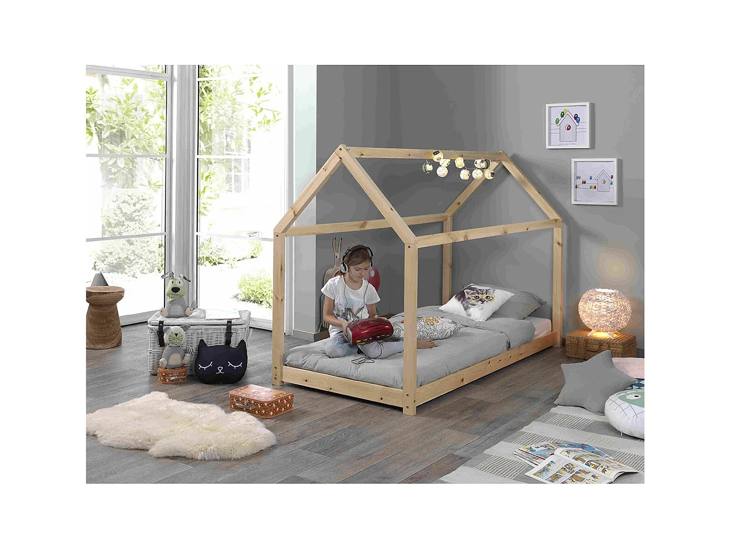 PEGA - Lit Cabane 90x200cm en Pin Naturel + Matelas