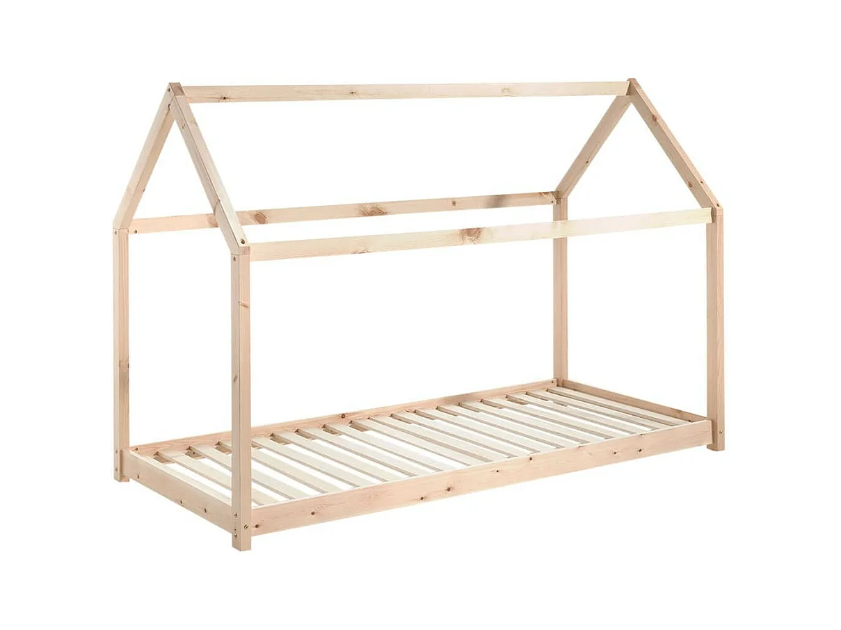 PEGA - Lit Cabane 90x200cm en Pin Naturel + Matelas