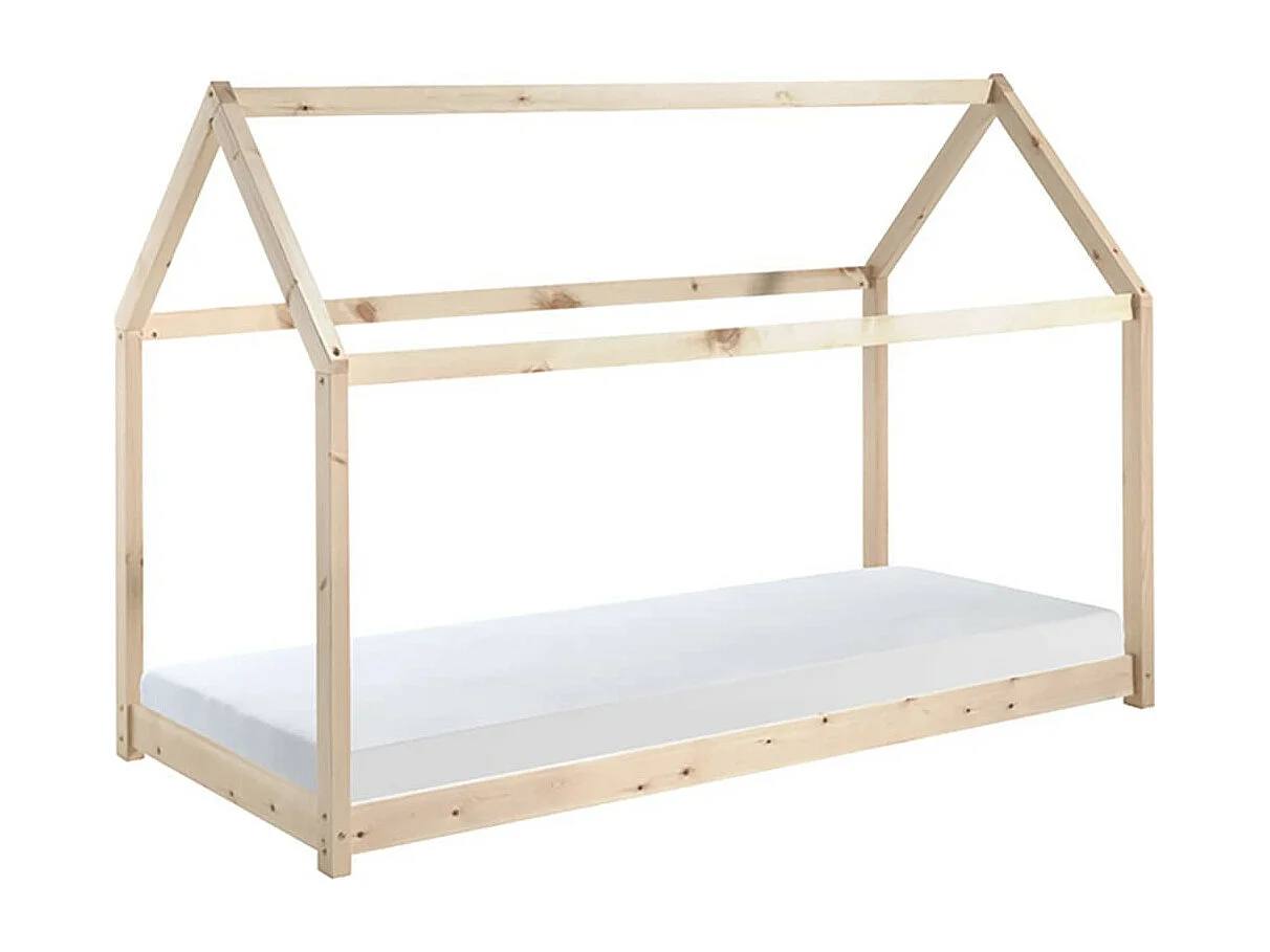 PEGA - Lit Cabane 90x200cm en Pin Naturel + Matelas