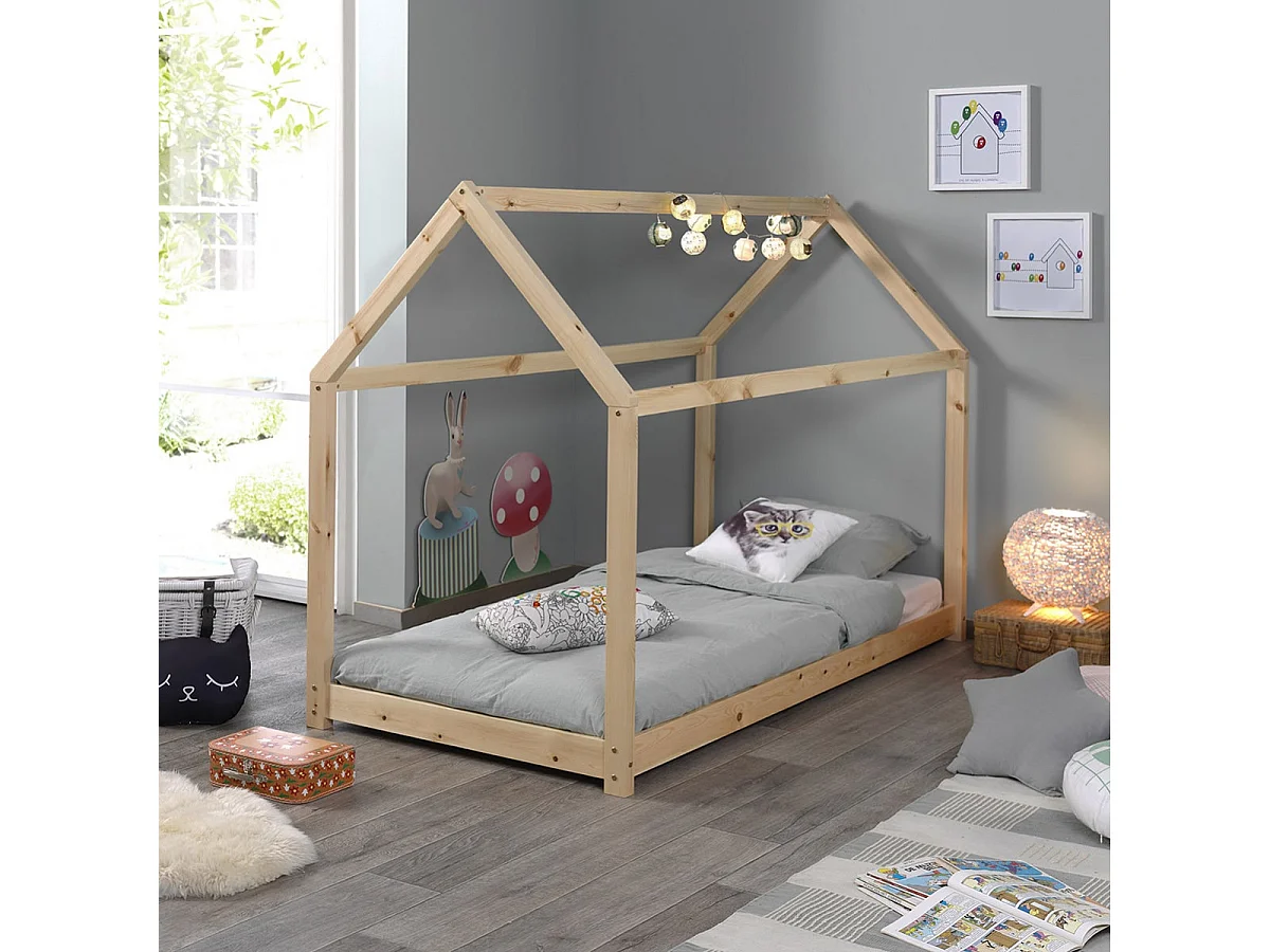 PEGA - Lit Cabane 90x200cm en Pin Naturel + Matelas