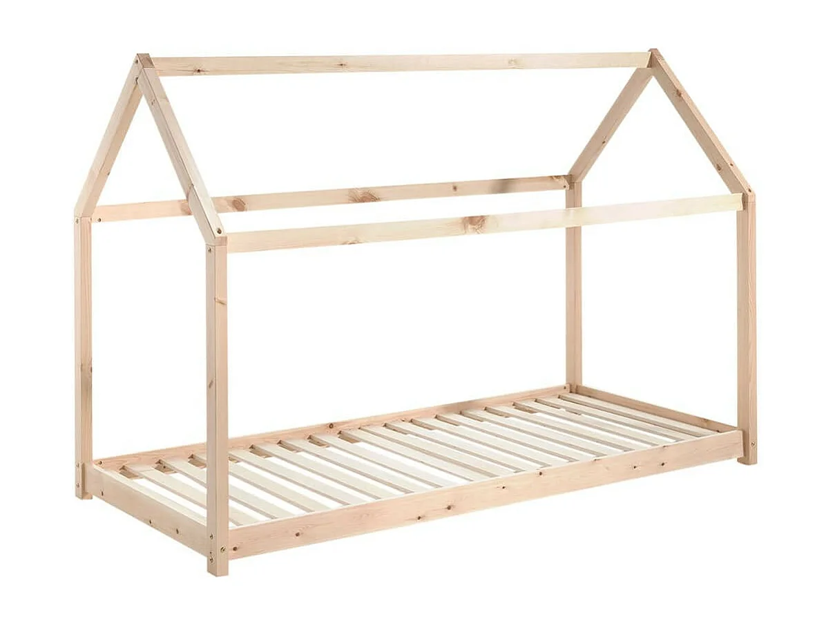 PEGA - Lit Cabane 90x200cm en Pin Naturel + Matelas