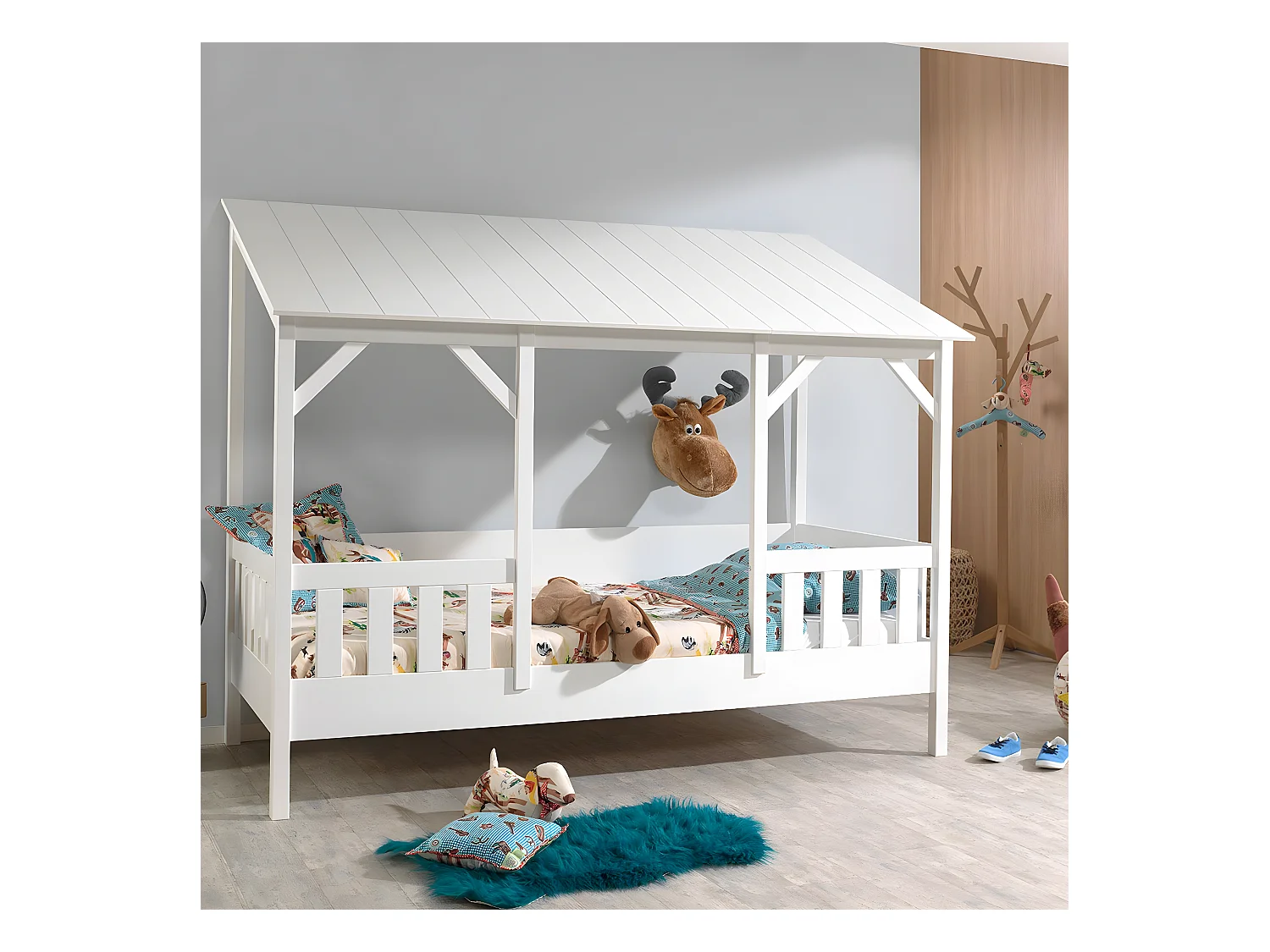 LAKA - Lit Maison 90x200cm Blanc avec Sommier