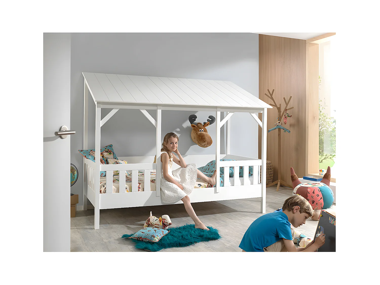 LAKA - Lit Maison 90x200cm Blanc avec Sommier