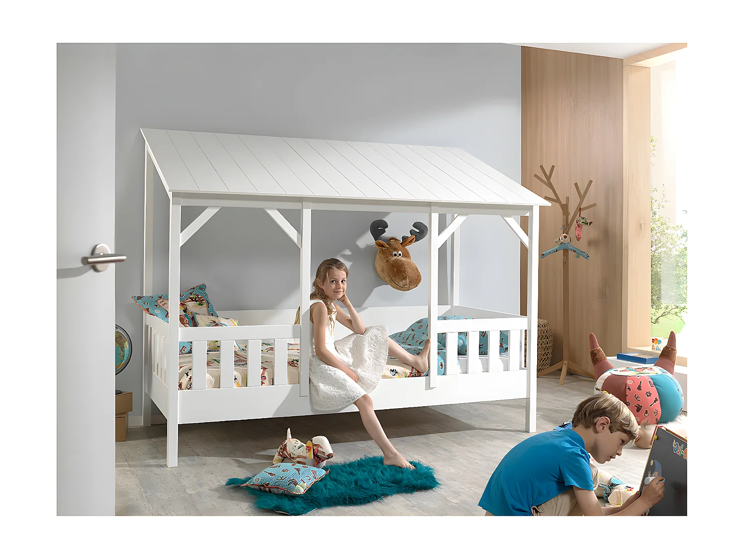 LAKA - Lit Maison 90x200cm Blanc avec Sommier