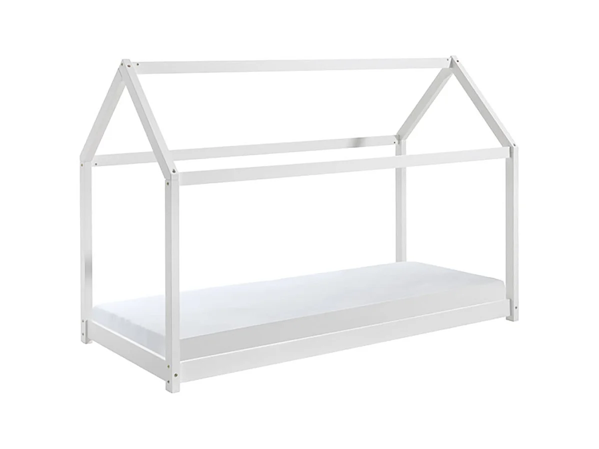 PEGA - Lit Cabane 90x200cm en Pin Laqué Blanc + Matelas