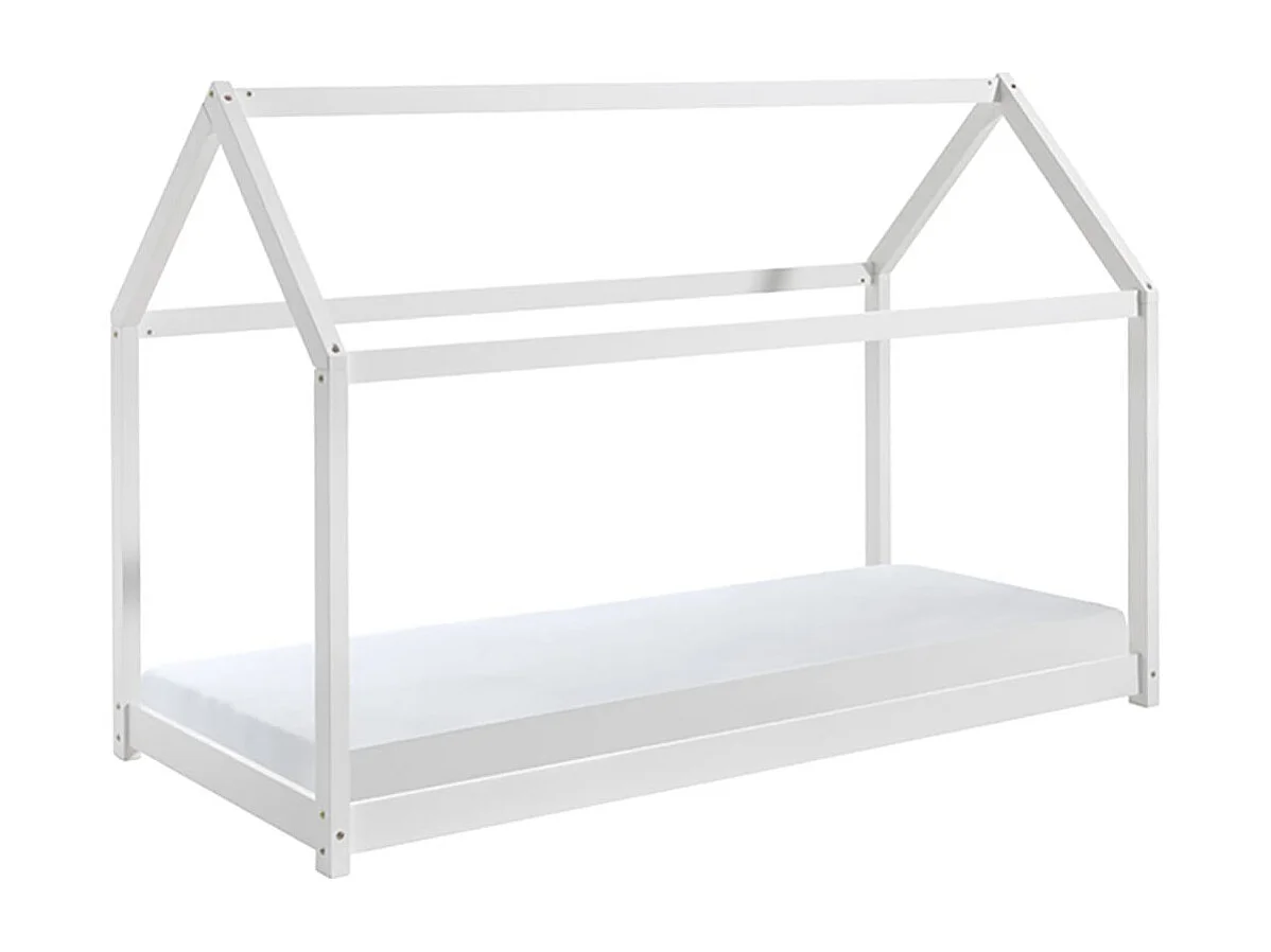 PEGA - Lit Cabane 90x200cm en Pin Laqué Blanc + Matelas