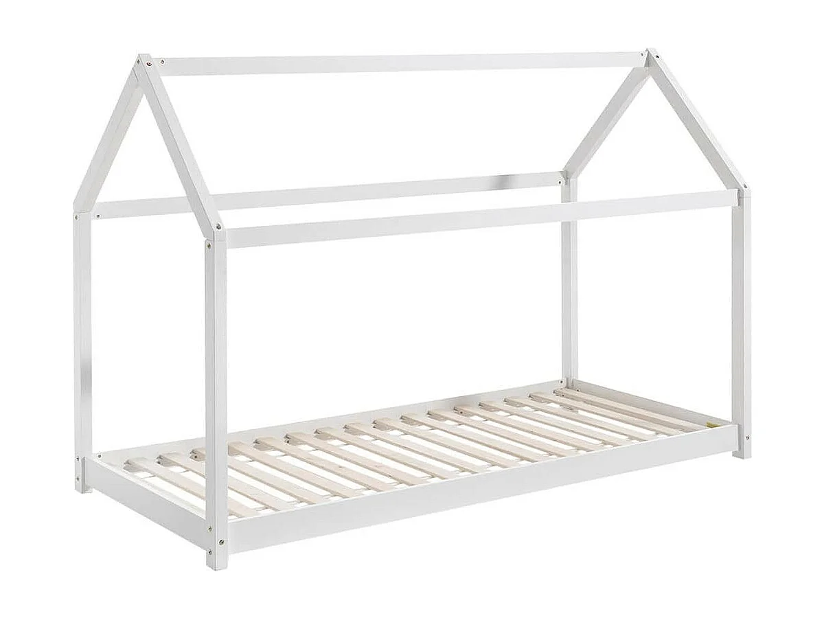PEGA - Lit Cabane 90x200cm en Pin Laqué Blanc + Matelas
