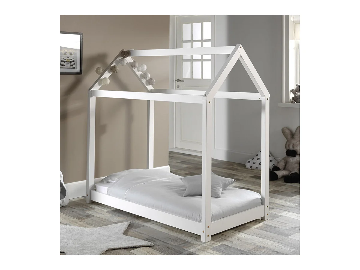 PEGA - Lit Cabane 70x140cm en Pin Laqué Blanc + Matelas