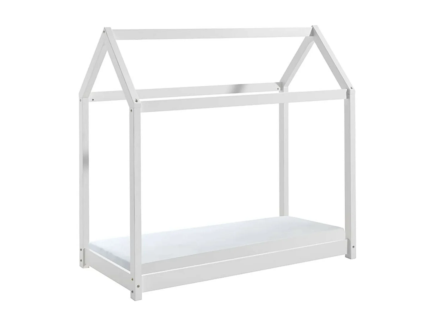 PEGA - Lit Cabane 70x140cm en Pin Laqué Blanc + Matelas