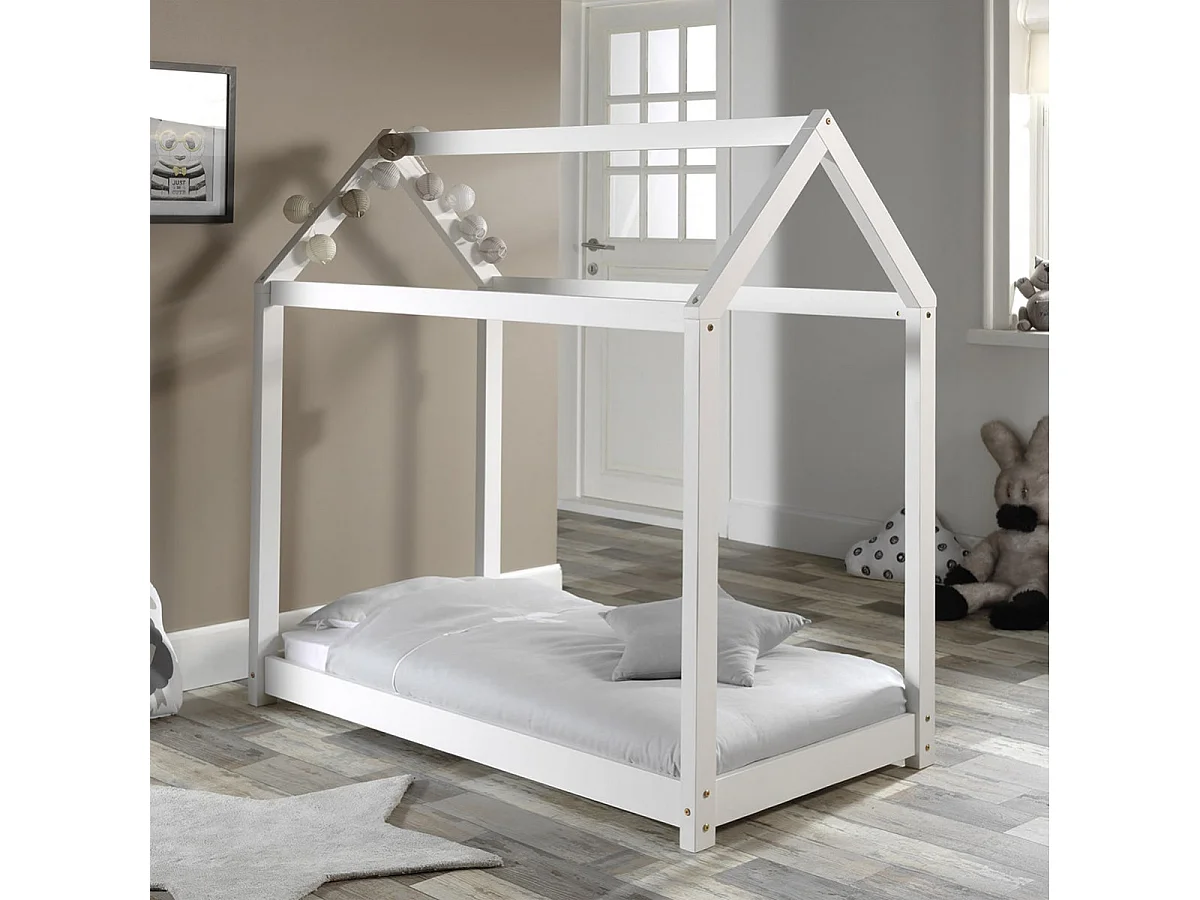 PEGA - Lit Cabane 70x140cm en Pin Laqué Blanc + Matelas