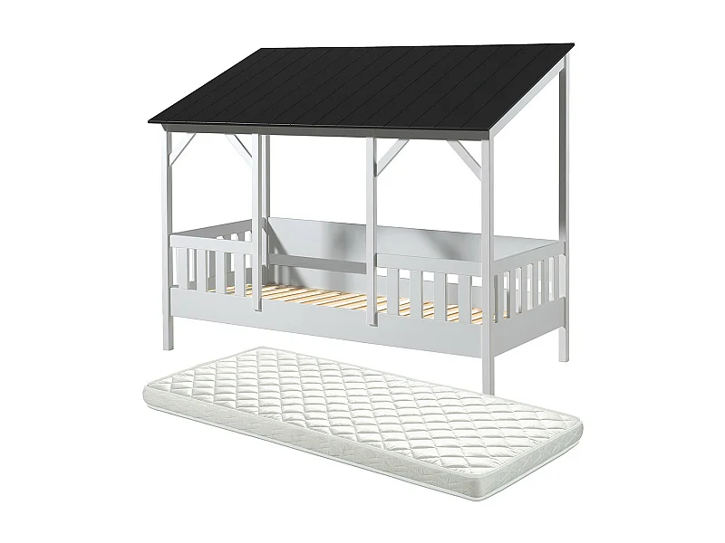 LAKA - Lit Maison 90x200cm Blanc et Noir + Sommier + Matelas