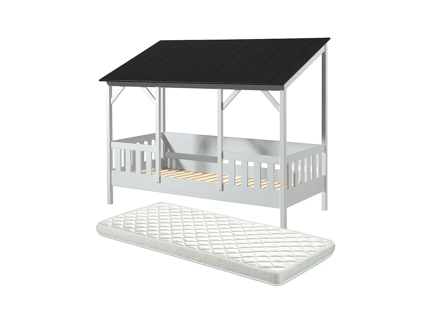 LAKA - Lit Maison 90x200cm Blanc et Noir + Sommier + Matelas