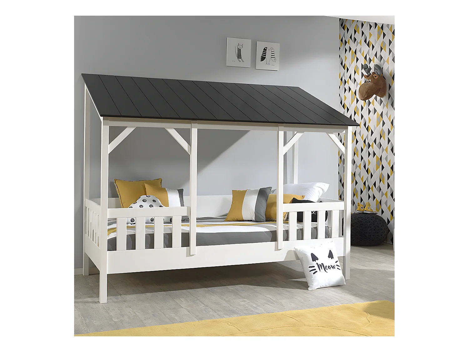 LAKA - Lit Maison 90x200cm Blanc et Noir + Sommier + Matelas