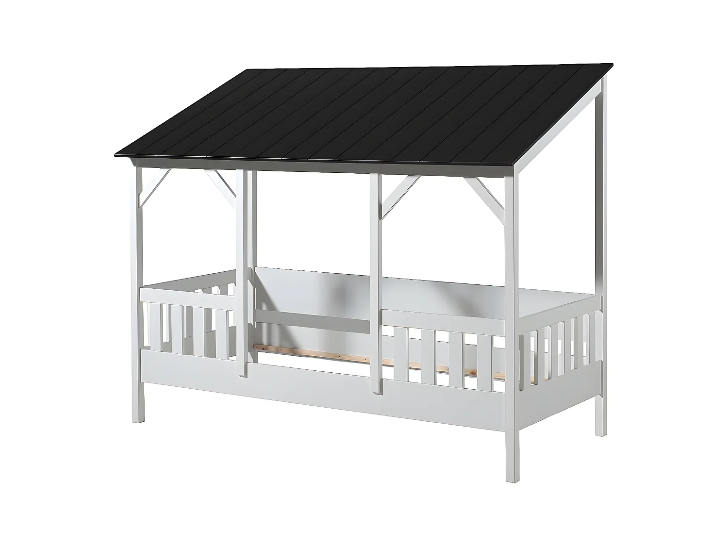 LAKA - Lit Maison 90x200cm Blanc et Noir + Sommier + Matelas