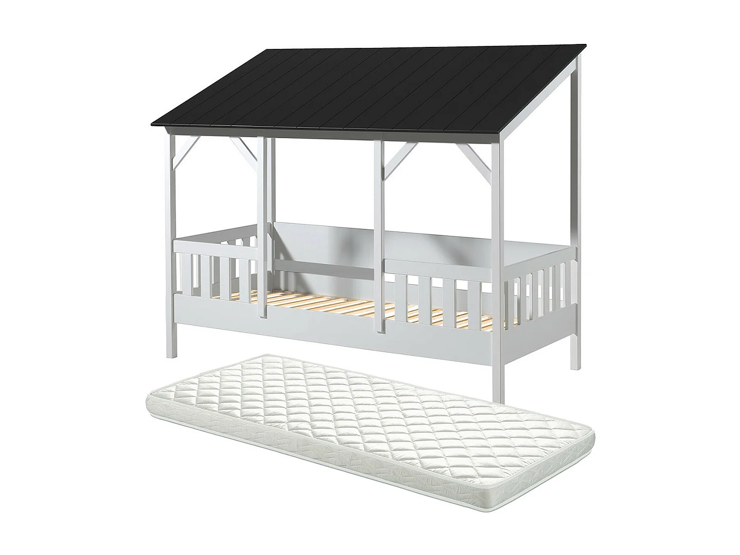 LAKA - Lit Maison 90x200cm Blanc et Noir + Sommier + Matelas