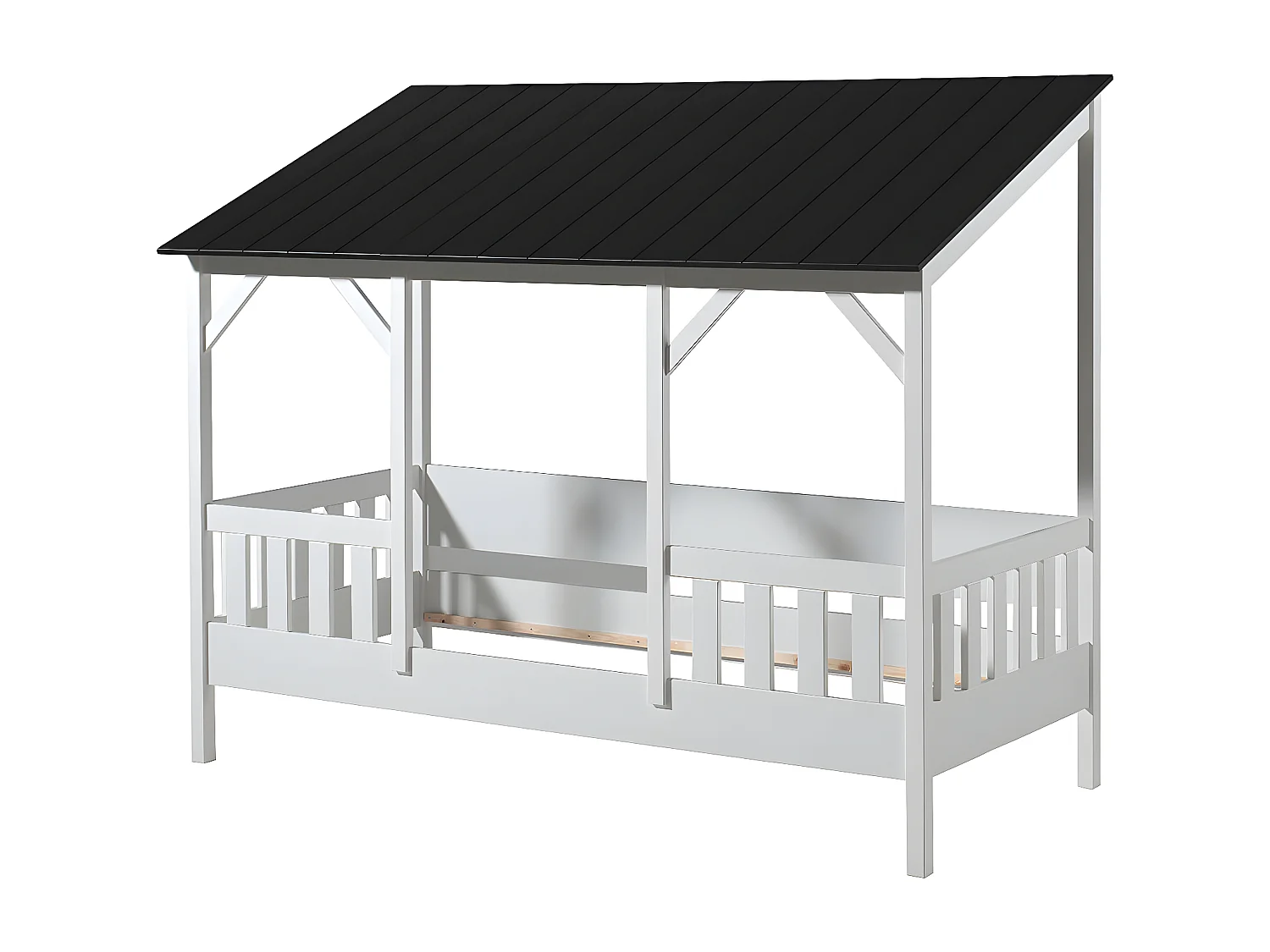 LAKA - Lit Maison 90x200cm Blanc et Noir + Sommier + Matelas