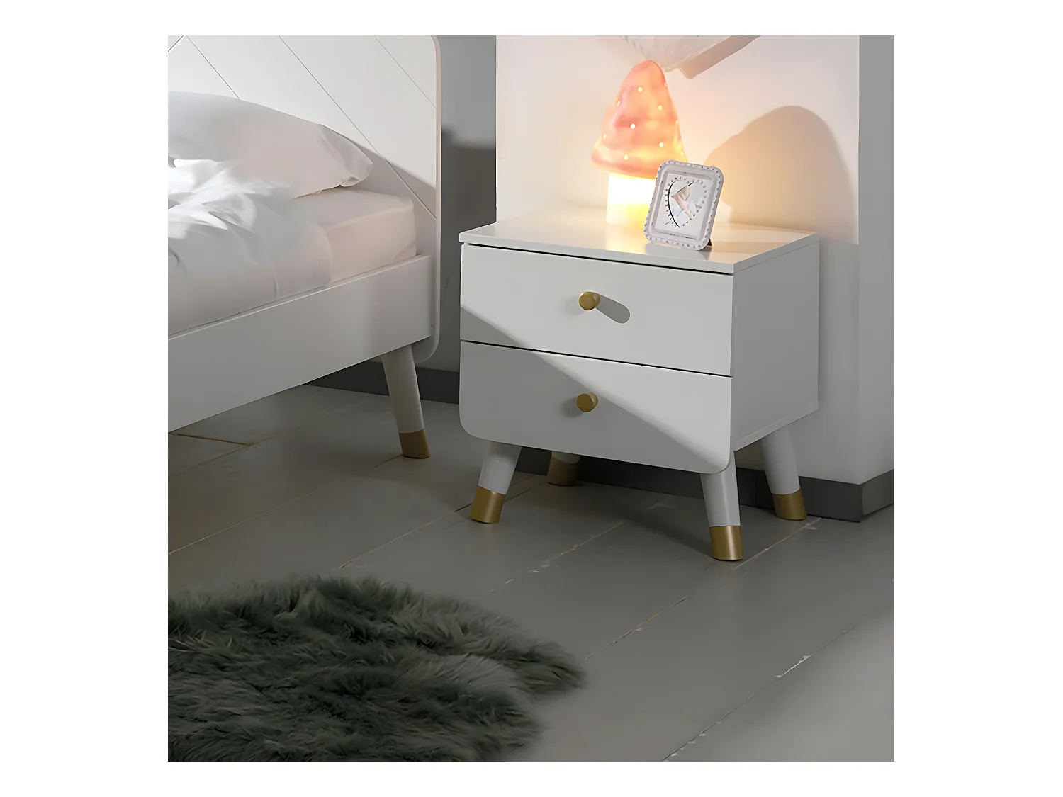 TINY WHITE - Chevet 2 Tiroirs Blanc et Gold