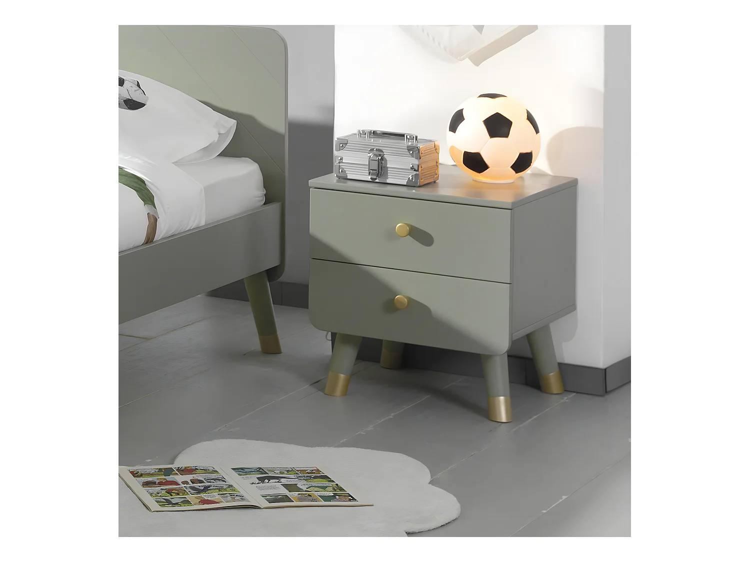 TINY GREEN - Chevet 2 Tiroirs Vert Olive et Gold