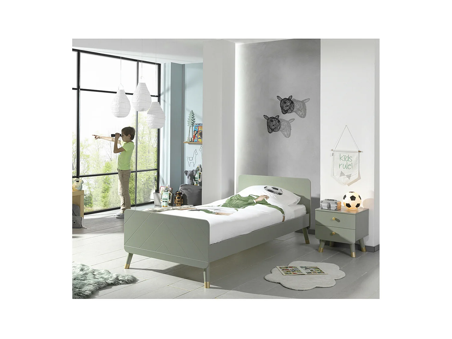 TINY GREEN - Chevet 2 Tiroirs Vert Olive et Gold