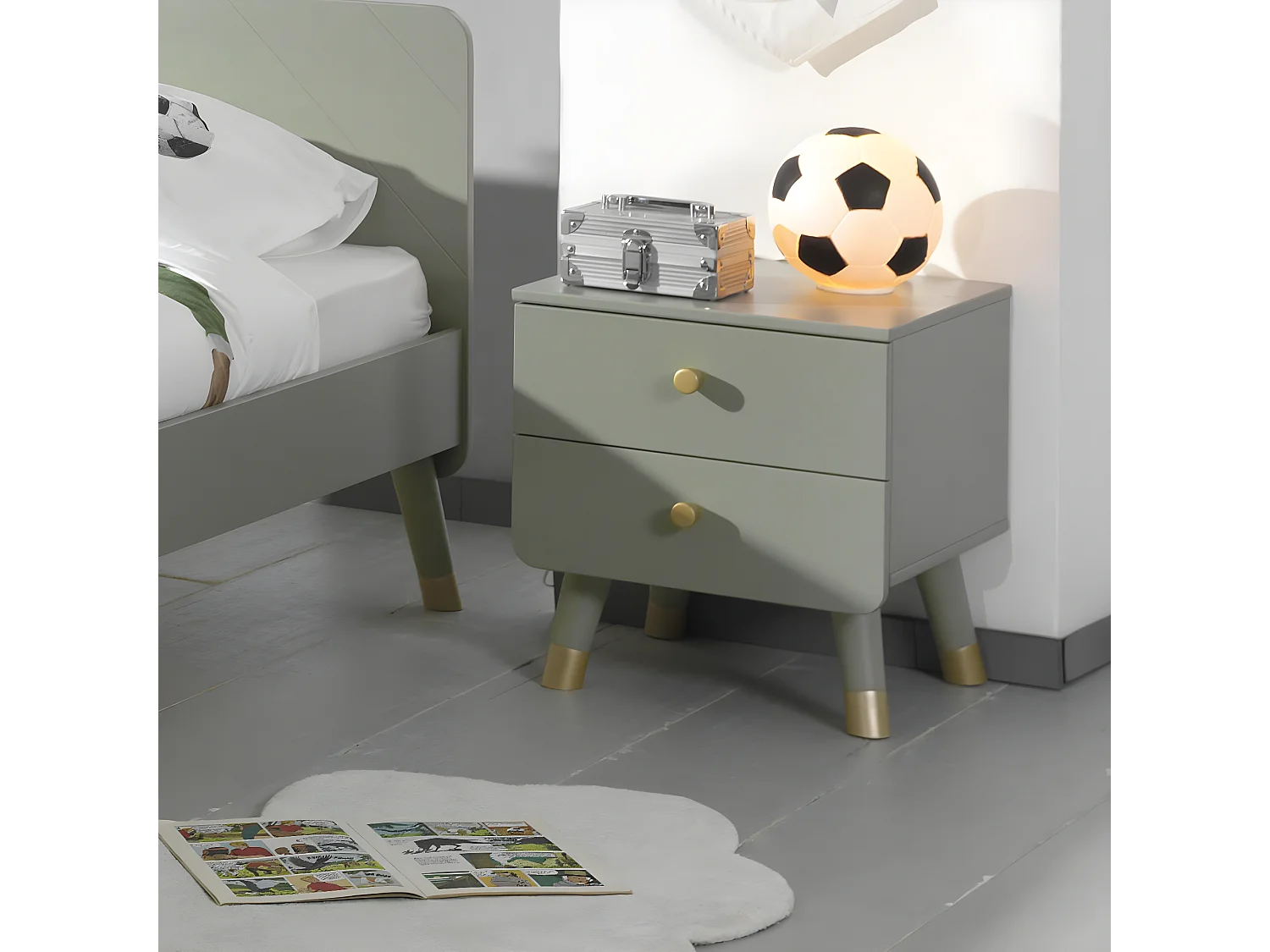 TINY GREEN - Chevet 2 Tiroirs Vert Olive et Gold