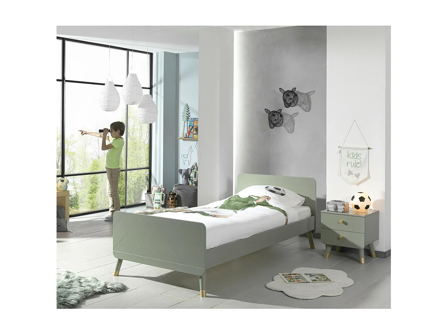 TINY GREEN - Chevet 2 Tiroirs Vert Olive et Gold