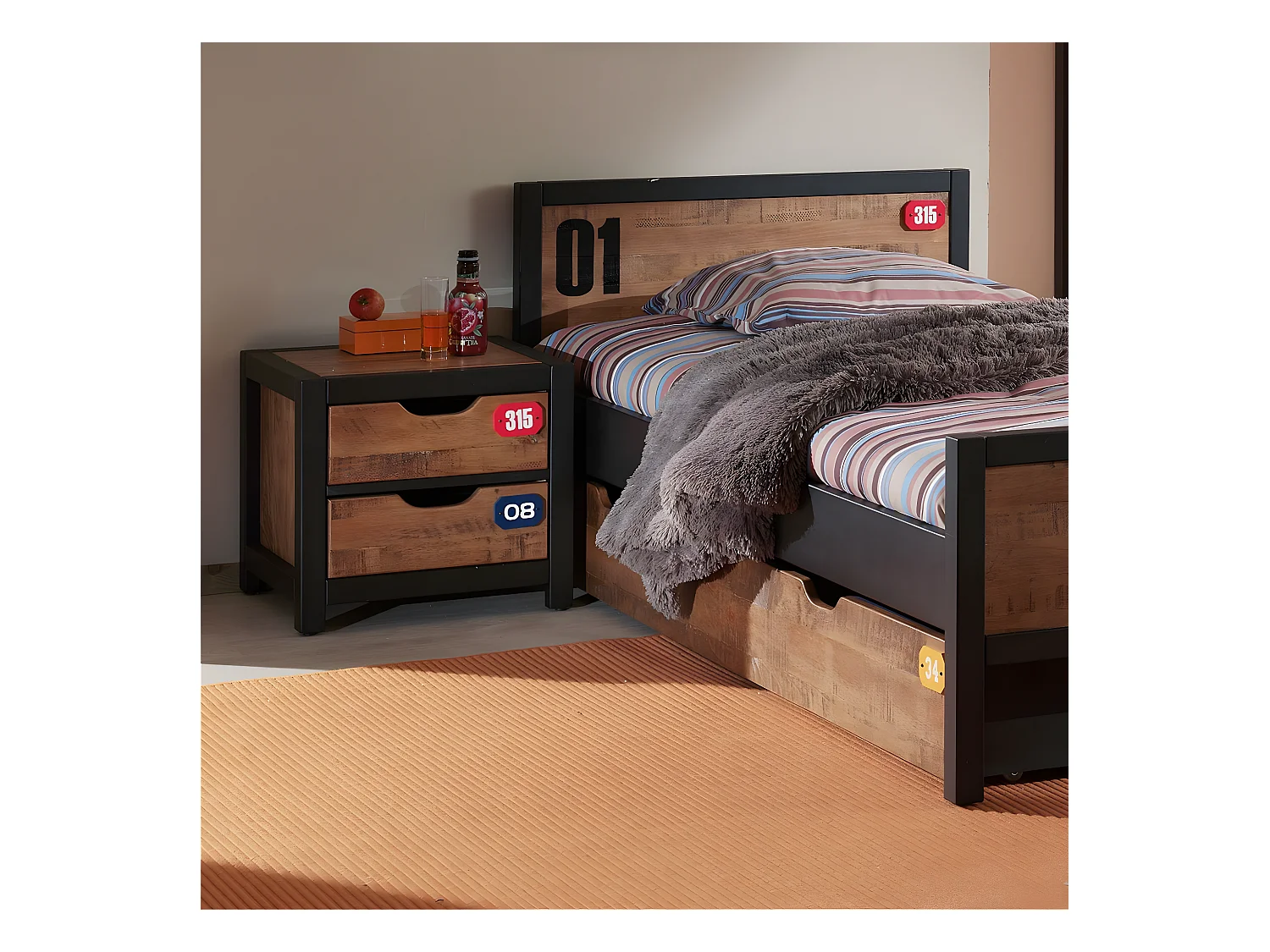 TCHAD - Chevet 2 Tiroirs en Pin Massif avec Motifs