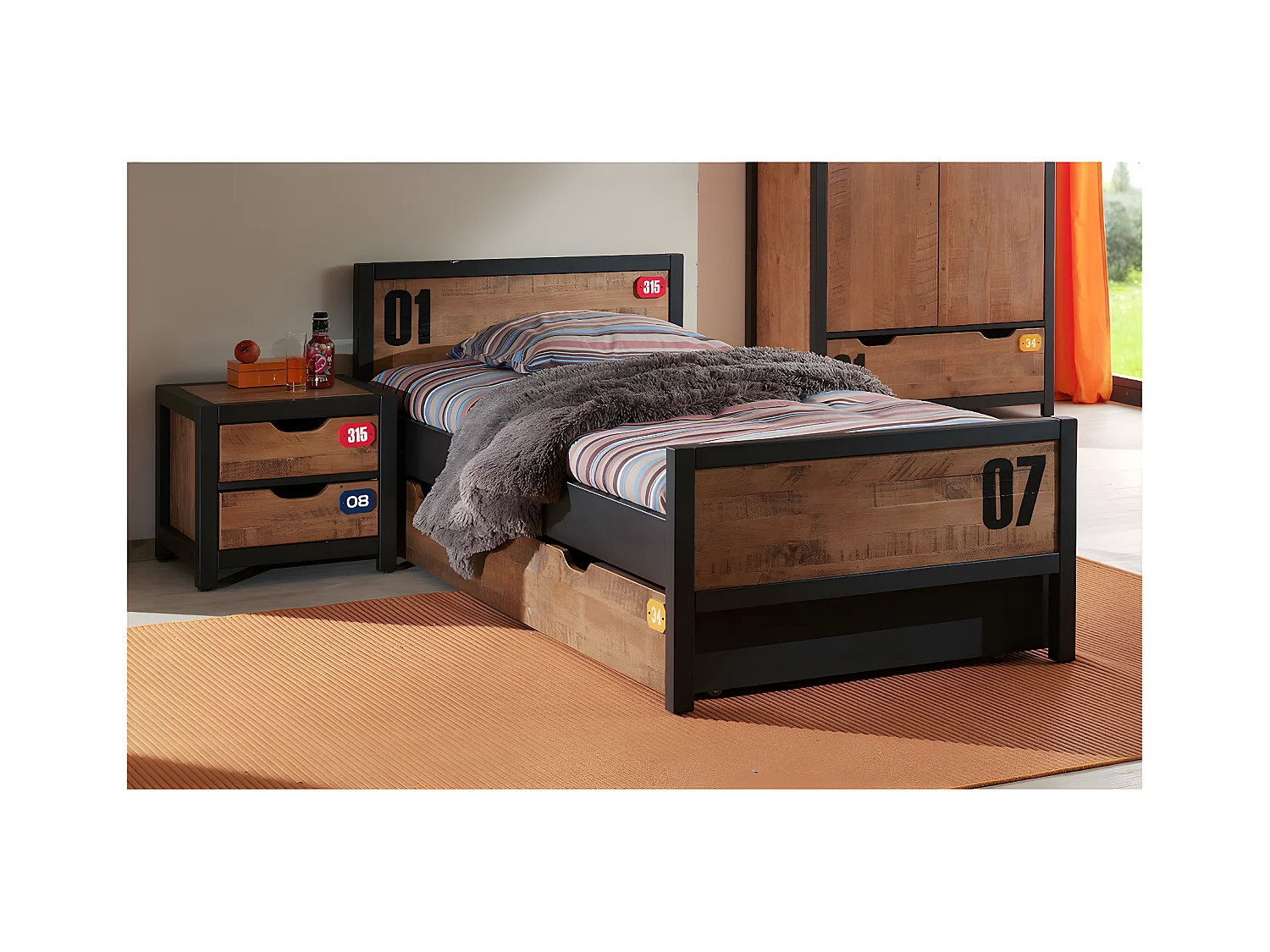 TCHAD - Chevet 2 Tiroirs en Pin Massif avec Motifs