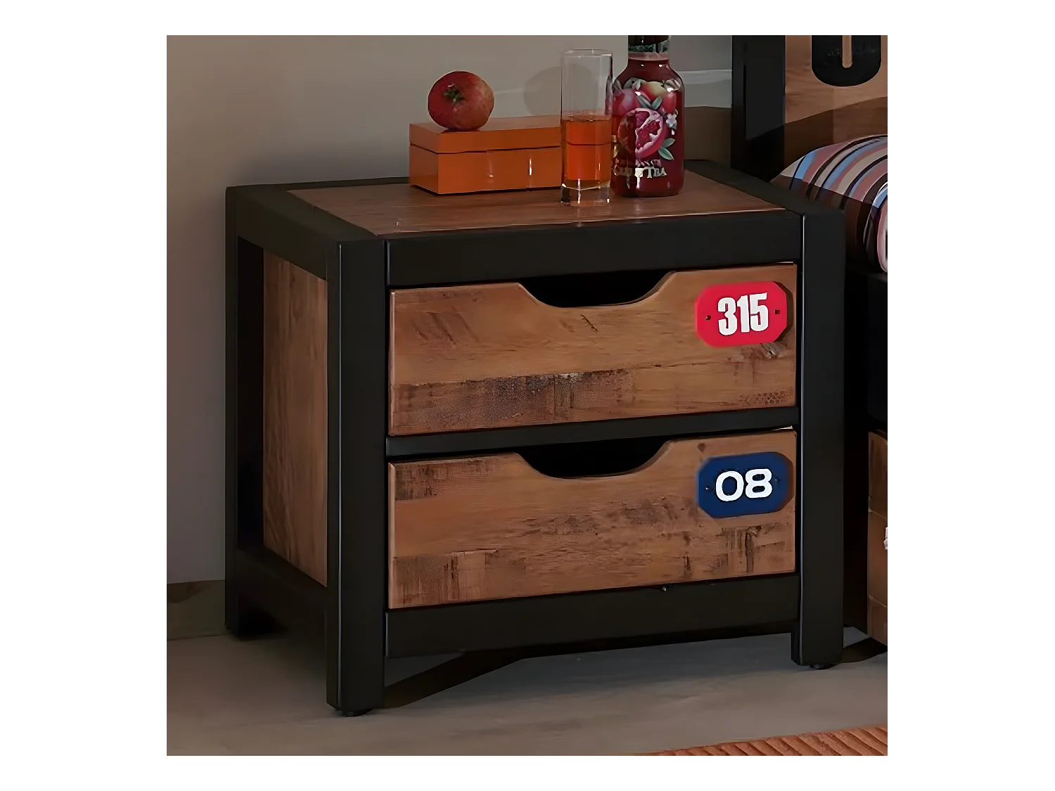 TCHAD - Chevet 2 Tiroirs en Pin Massif avec Motifs