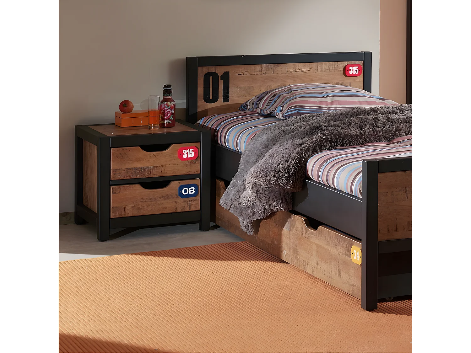 TCHAD - Chevet 2 Tiroirs en Pin Massif avec Motifs