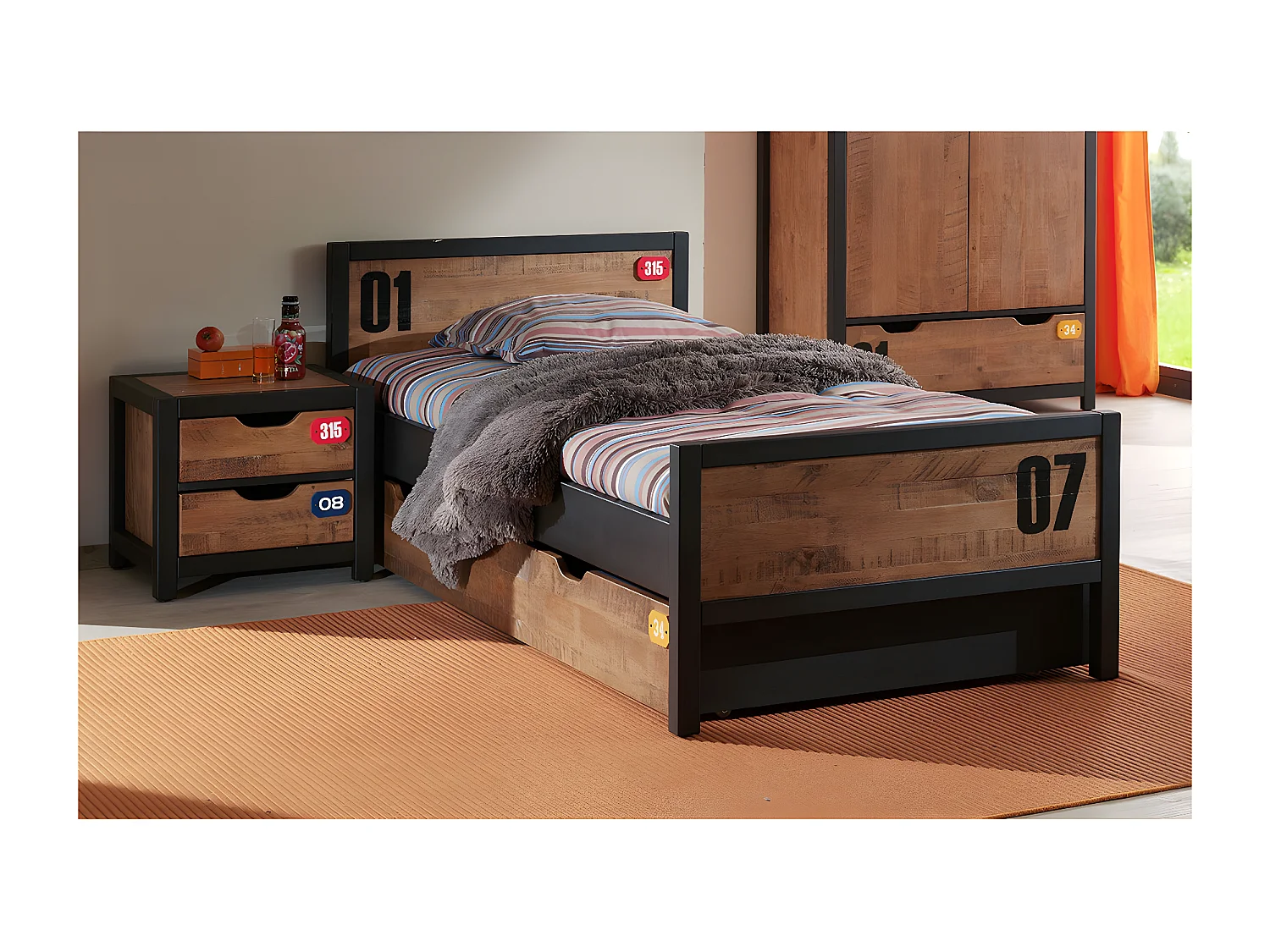 TCHAD - Chevet 2 Tiroirs en Pin Massif avec Motifs