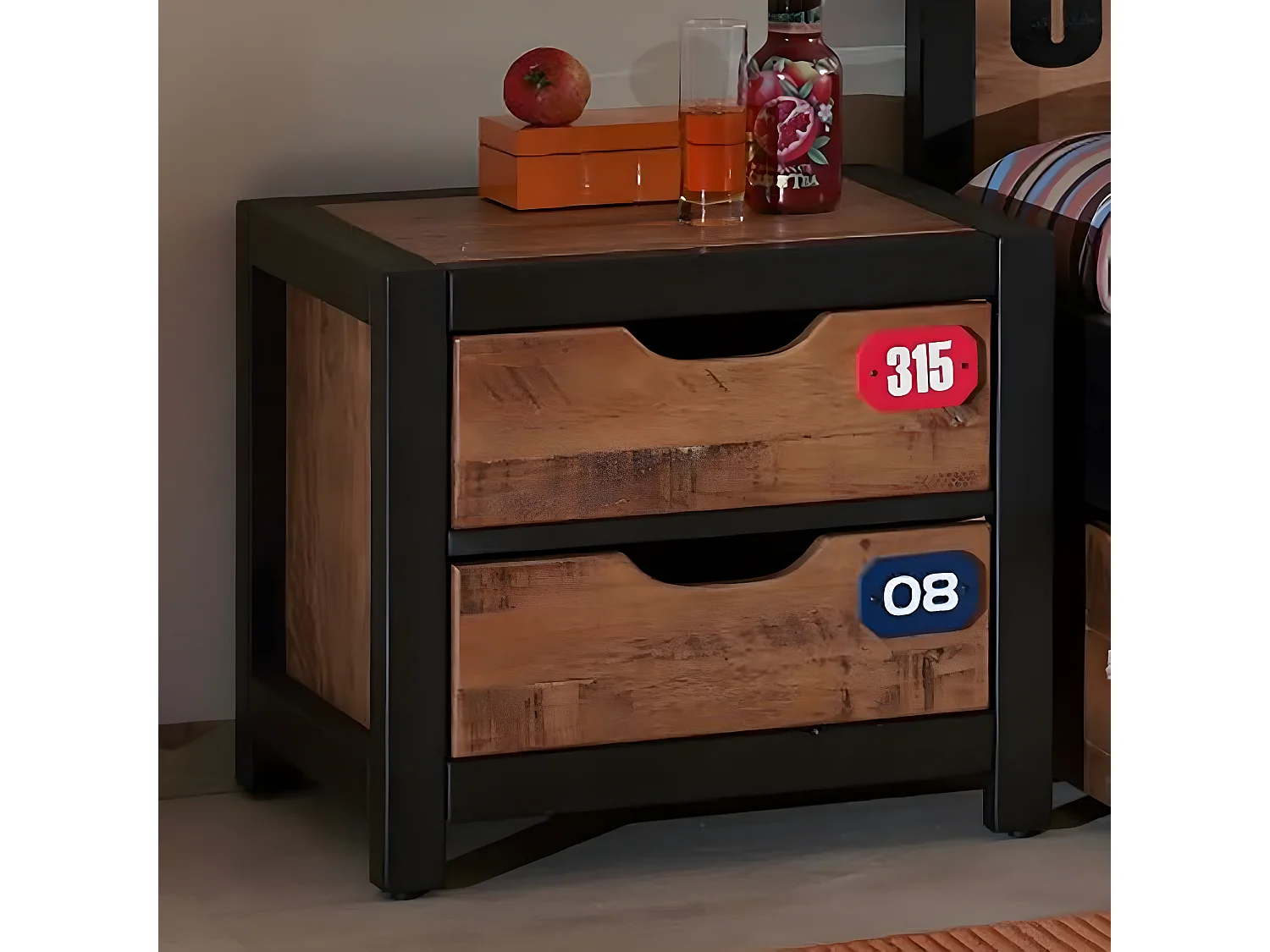 TCHAD - Chevet 2 Tiroirs en Pin Massif avec Motifs