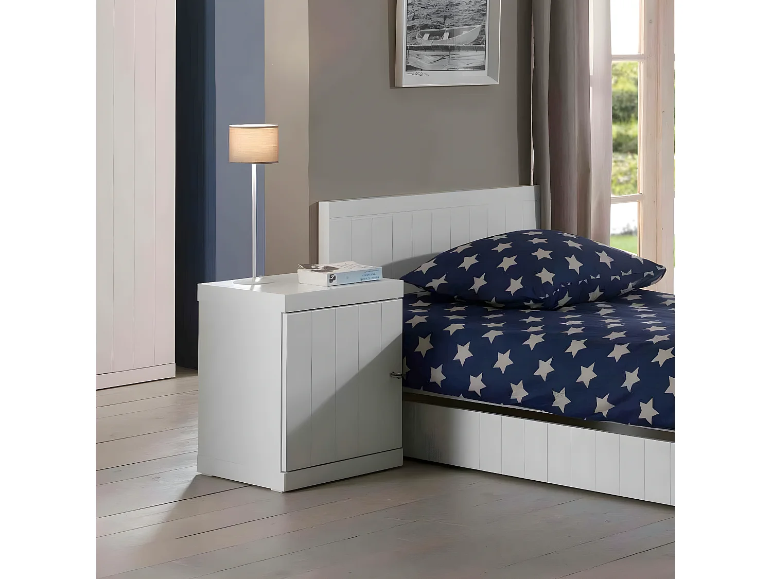 CLEO - Chevet 1 Porte Réversible Effet Lambris Blanc Laqué