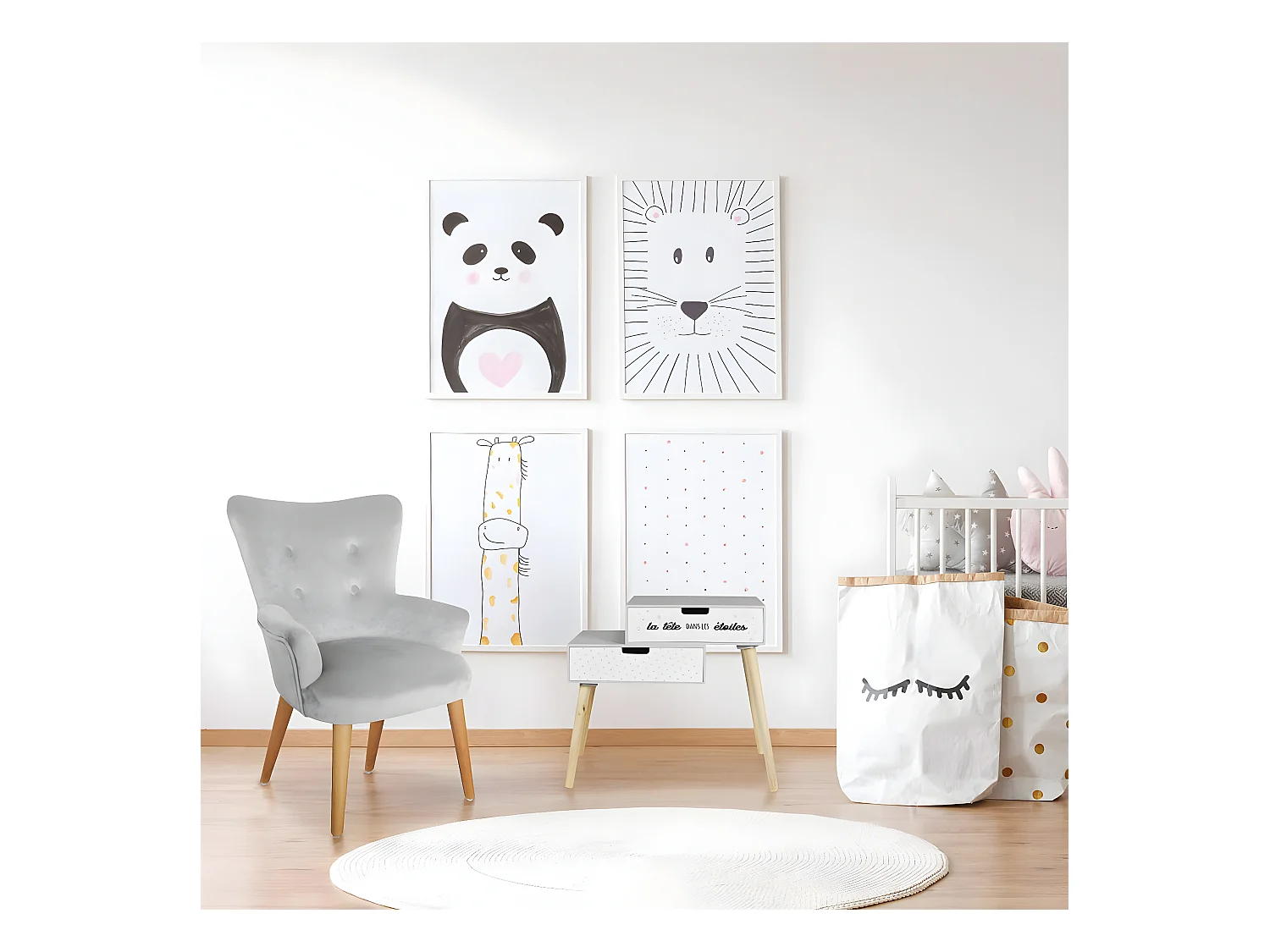 SMILE - Chevet Enfant 2 Tiroirs Gris et Blanc