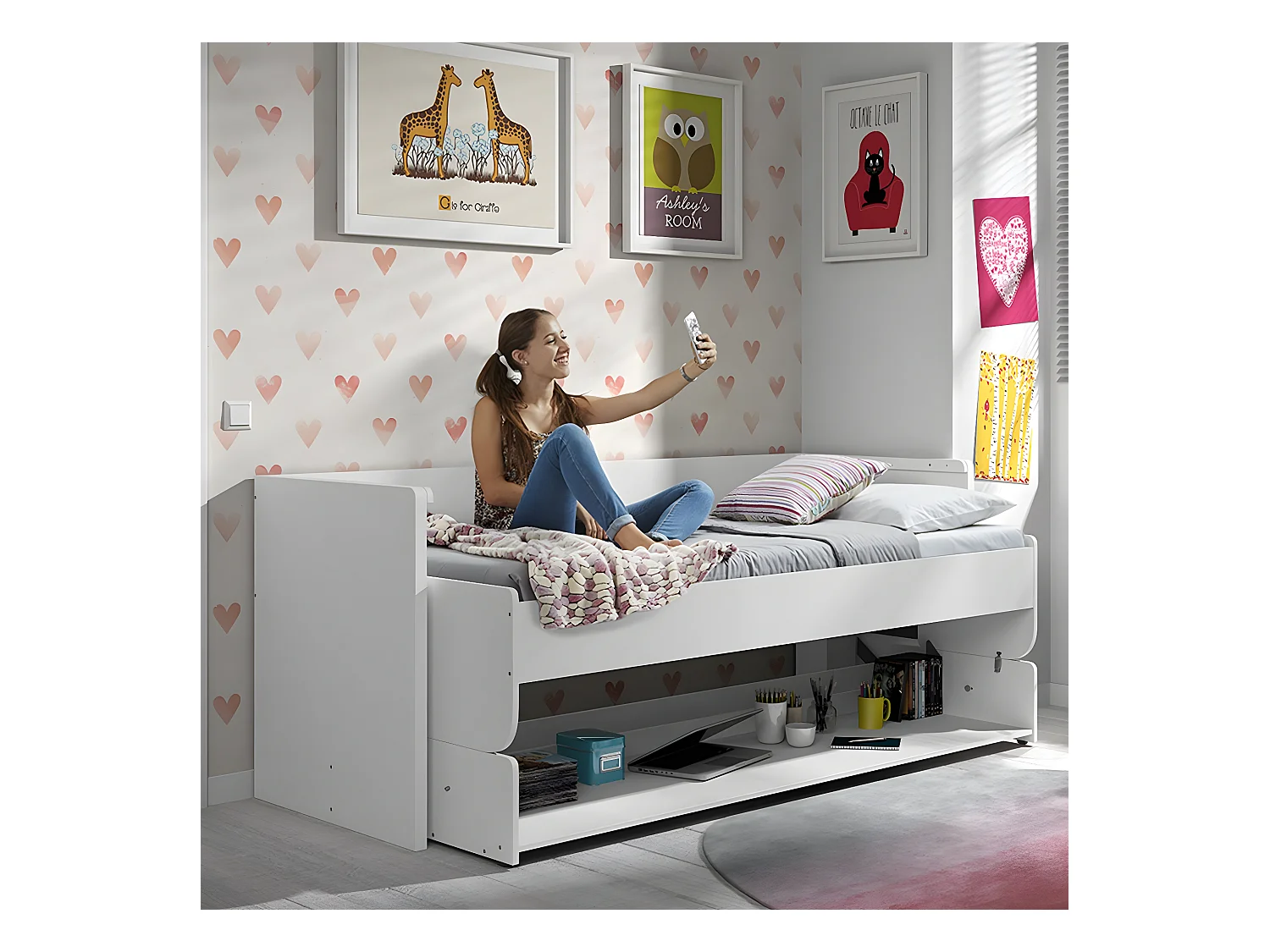 RYDER - Lit 90x200cm Blanc Convertible en Bureau