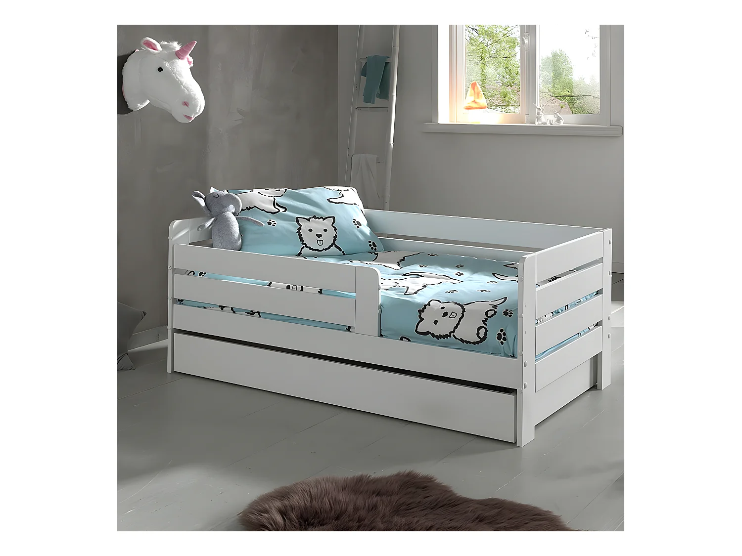 SCOPE - Lit Junior 70x140cm Blanc Barrières Horizontales + Tiroir